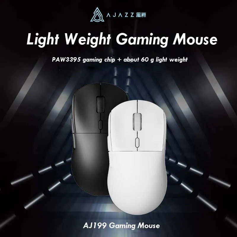 AJ199 Wireless 2.4GHz + Wired Gaming Mouse PAW3395, designed for optimal performance with gaming laptops and PCs